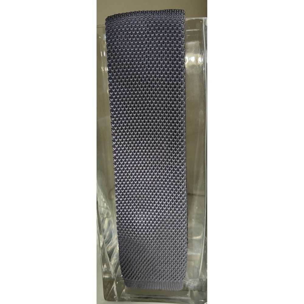 Mens Charcoal Grey Knit Necktie Skinny Square End Textured Solid Woven Tie